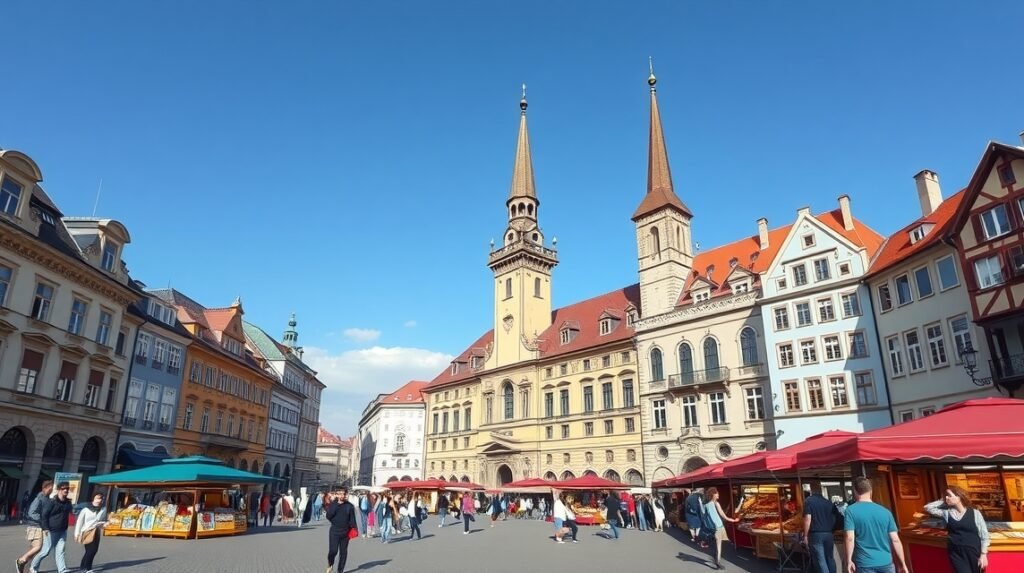Graz Fő tér és a Városháza történelmi épületei napsütésben.