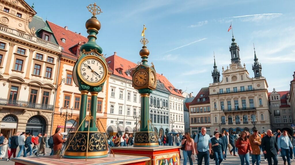 Graz Harangjáték tér - óra és városi élet