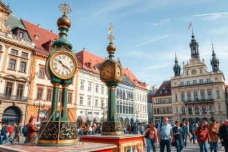 Graz Harangjáték tér - óra és városi élet