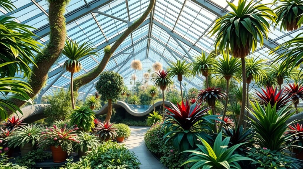 A Graz Botanikus Kert modern üvegházában található egzotikus növények.
