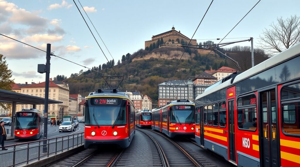 Villamosok Grazban a Schlossberggel a háttérben.