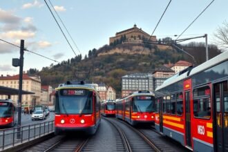 Villamosok Grazban a Schlossberggel a háttérben.