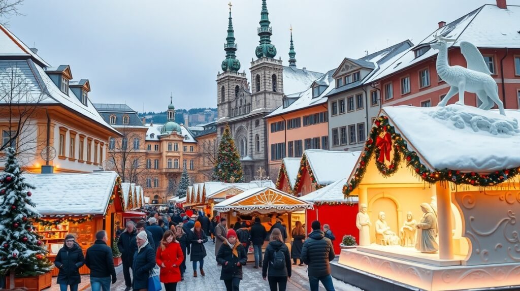 Graz adventi vásár ünnepi hangulattal és jégbetlehem monumentummal