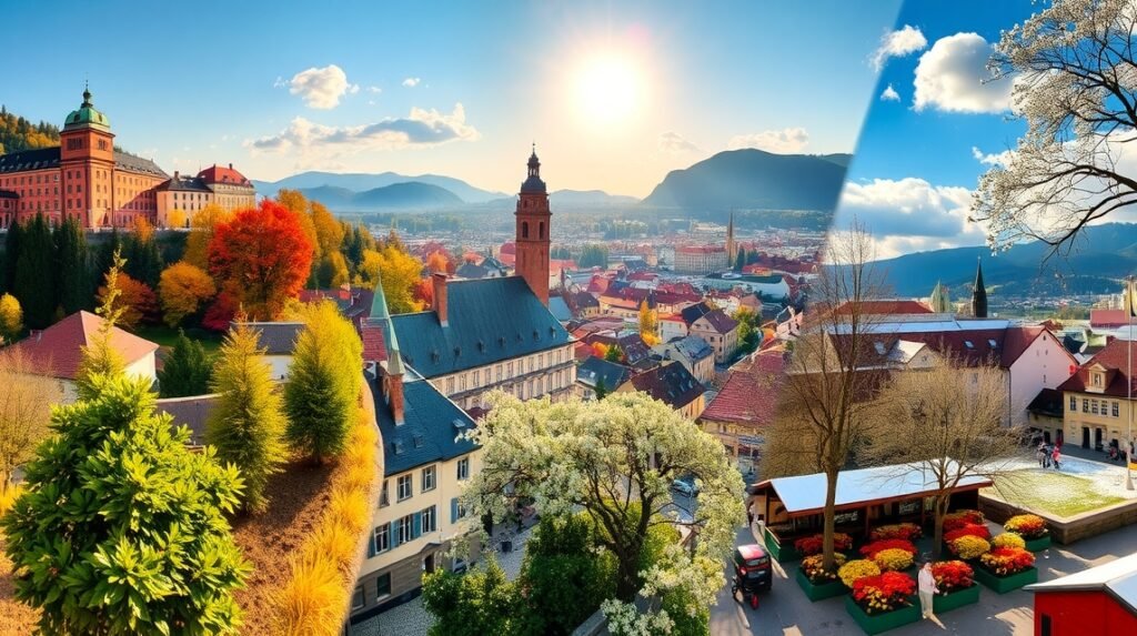 Graz város panorámája színes őszi tájjal és napsütéssel.