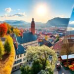 Graz város panorámája színes őszi tájjal és napsütéssel.
