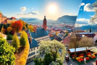 Graz város panorámája színes őszi tájjal és napsütéssel.