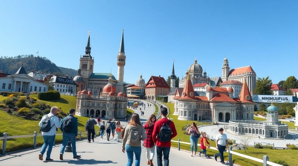 Látogatók a Minimundus minivilágában Klagenfurtban, Ausztria.