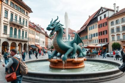 Lindwurmbrunnen - Klagenfurt híres sárkánykútja a város központjában.