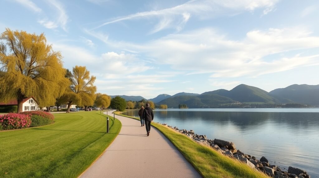 Séta a Wörthi-tó partján Klagenfurtban, gyönyörű táj és nyugodt környezet.