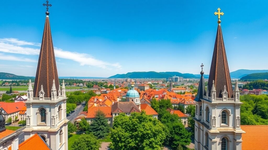 Kilátás a Klagenfurti Szent Egyed-templom tornyából, zöld fákkal és vörös tetőkkel.