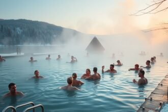 Hévízi-tó téli fürdőzés, gyógyvízben pihenő emberek