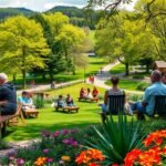 Emberek pihennek a Klagenfurt-i Europapark zöldterületén virágok mellett.