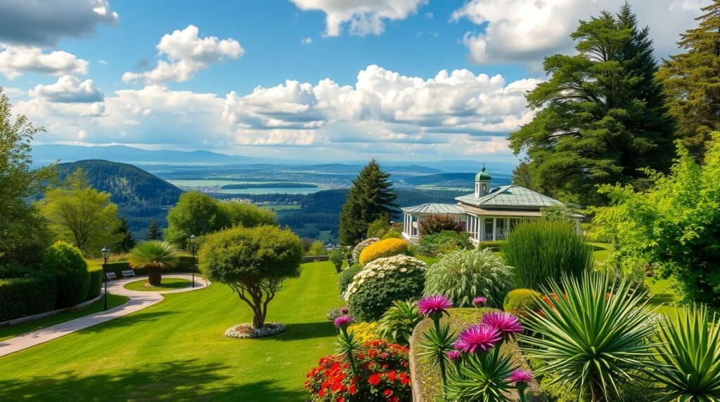 Klagenfurt Kreuzbergl hegy látképe a Botanikus Kertből
