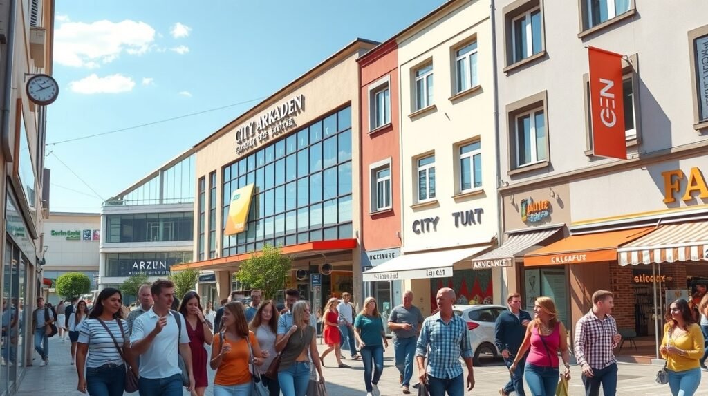 Klagenfurt, City Arkaden üzletek és belvárosi sétány vásárlókkal