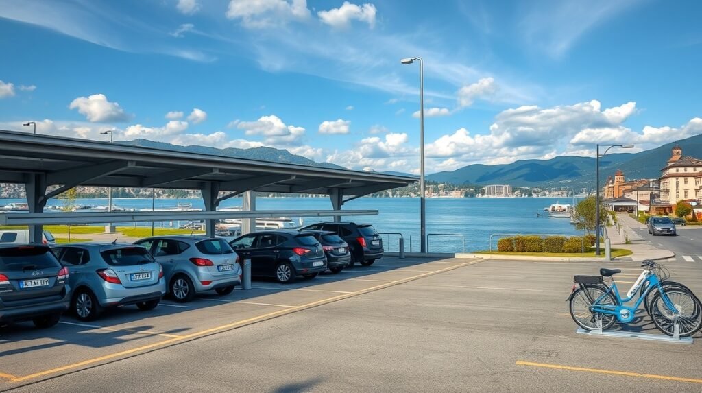 Parkoló autók és biciklibérlés Klagenfurtban a Wörthi-tó partján.