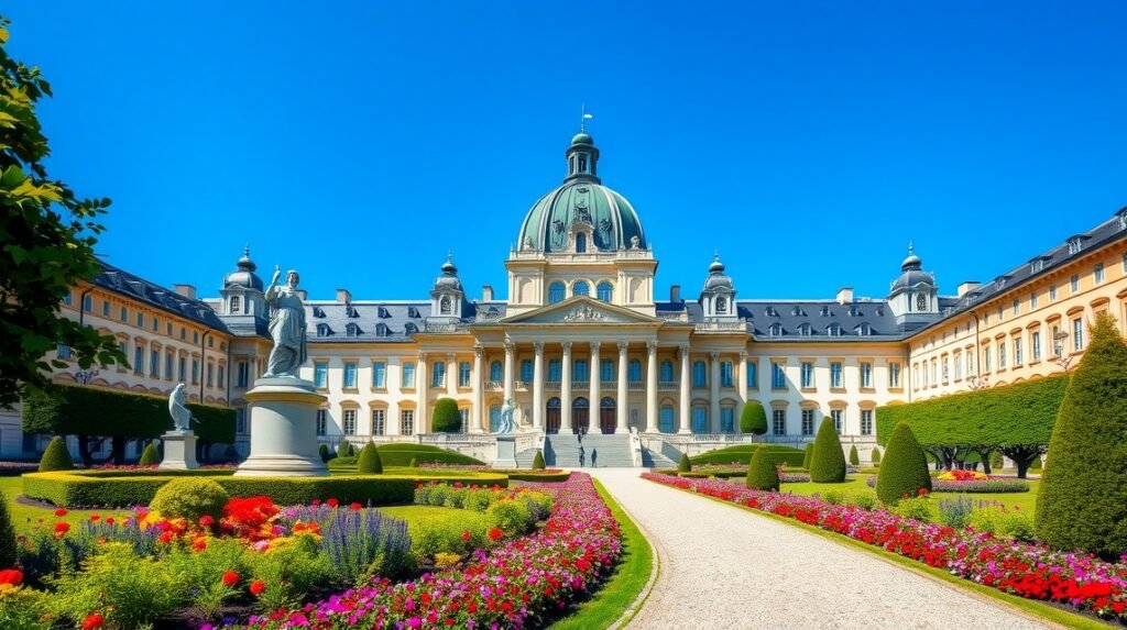 Mirabell-kastély és barokk kertek Salzburgban, virágokkal körülvéve.