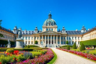 Mirabell-kastély és barokk kertek Salzburgban, virágokkal körülvéve.