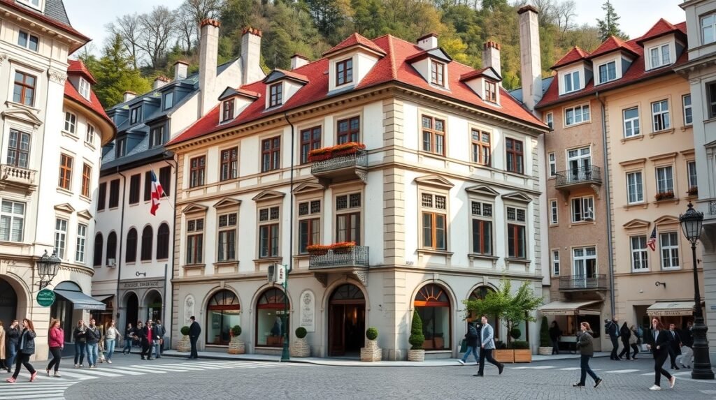 A Mozart-lakóház a Makartplatzon Salzburgban, történelmi építészet