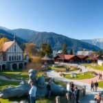 Salzburgi Állatkert Hellbrunn parkja, látogatók a tájon.