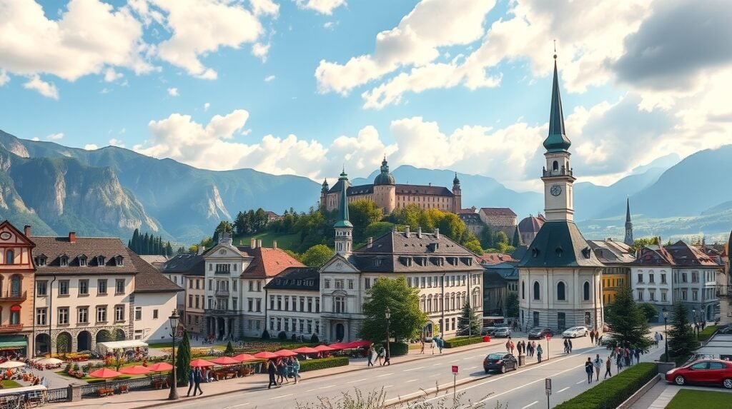 Salzburg városa az Alpok lábánál, a Muzsika hangja helyszíneivel.