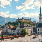 Salzburg városa az Alpok lábánál, a Muzsika hangja helyszíneivel.