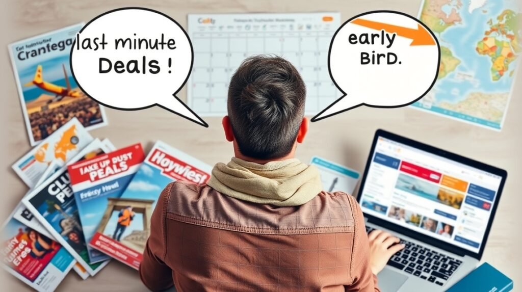 Egy fiatal férfi az early bird és last minute utazási ajánlatok között választ.