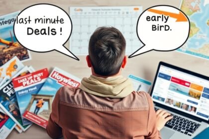 Egy fiatal férfi az early bird és last minute utazási ajánlatok között választ.