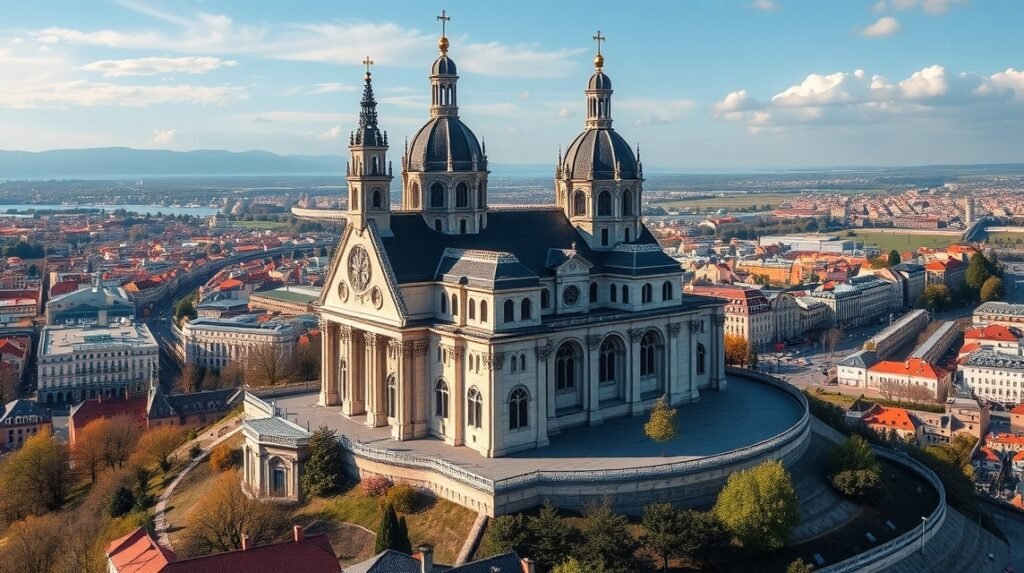 Notre-Dame de Fourvière bazilika Lyon városával a háttérben.