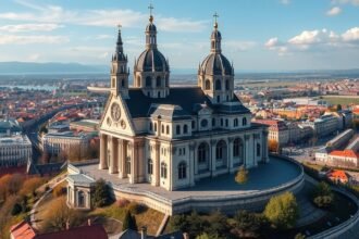 Notre-Dame de Fourvière bazilika Lyon városával a háttérben.