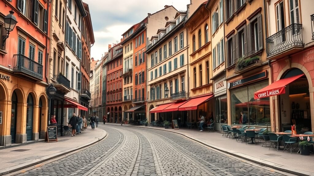 Vieux Lyon reneszánsz utcáin sétáló emberek