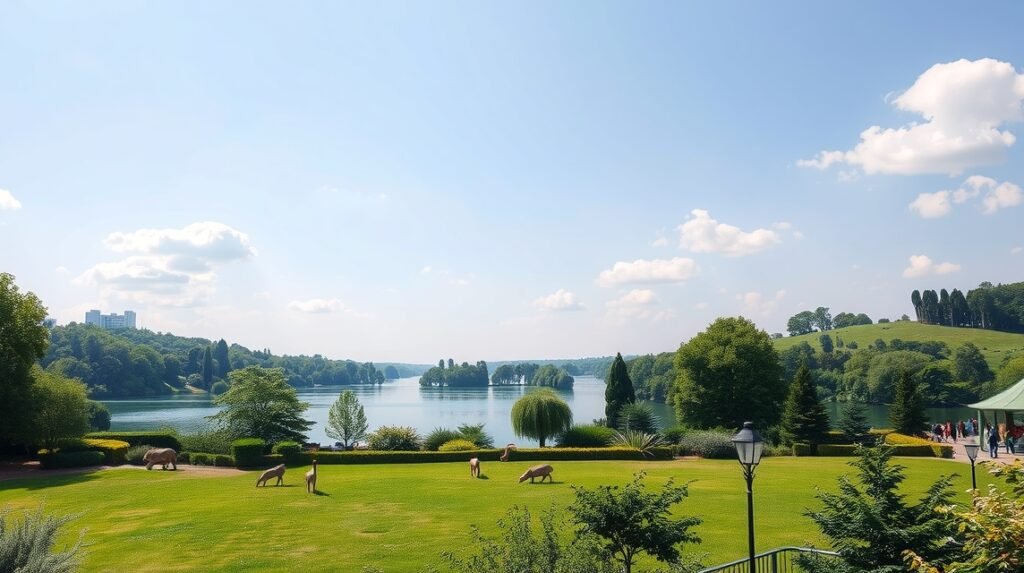 A Parc de la Tête d'Or gyönyörű tava és zöld parkja Lyonban