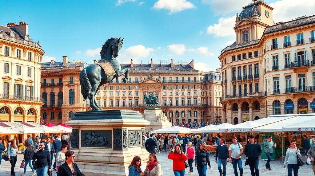 A XIV. Lajos szobra a Lyon központi Place Bellecour térén.