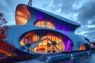 A futurisztikus Musée des Confluences épülete Lyonban, lenyűgöző designnal.