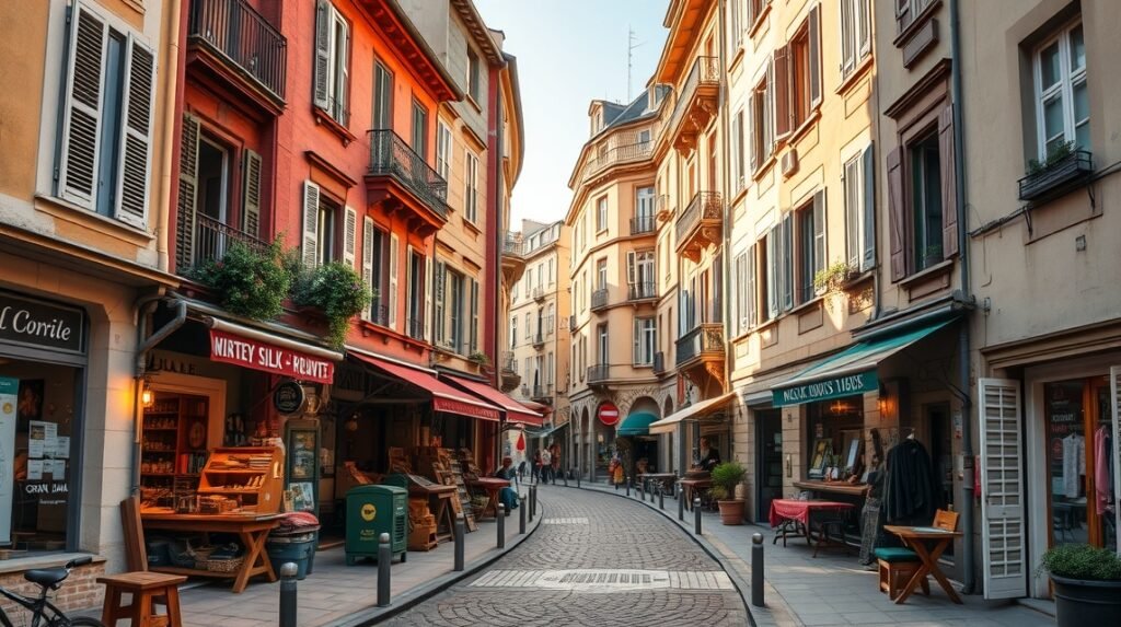 Lyon Croix-Rousse negyedének hangulatos utcája selyemszövő műhelyekkel.