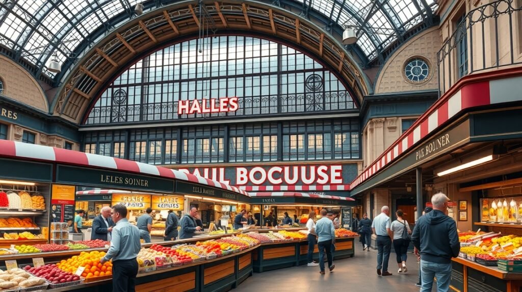 Les Halles Paul Bocuse gasztropiac Lyonban, friss élelmiszerekkel