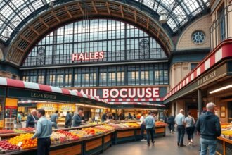 Les Halles Paul Bocuse gasztropiac Lyonban, friss élelmiszerekkel