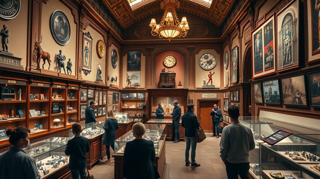 A Miniatűr és Mozi Múzeum belső terének képe Lyonban, látogatók nézelődnek a kiállításon.