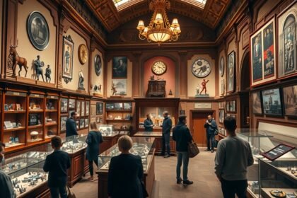 A Miniatűr és Mozi Múzeum belső terének képe Lyonban, látogatók nézelődnek a kiállításon.