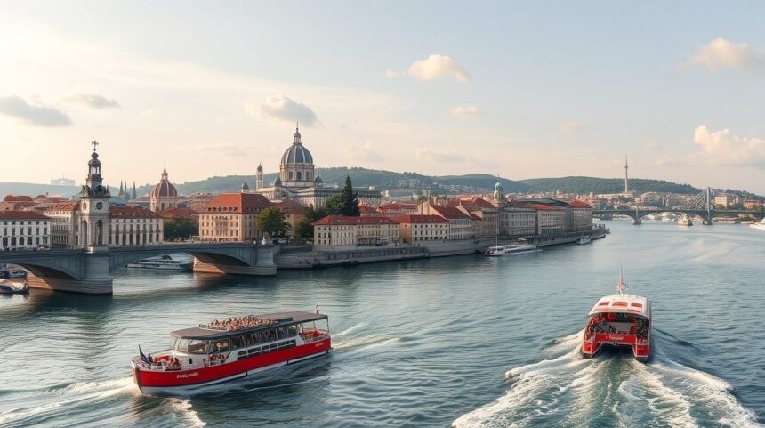Hajózás a Saône és a Rhône folyókon Lyonban, Franciaországban