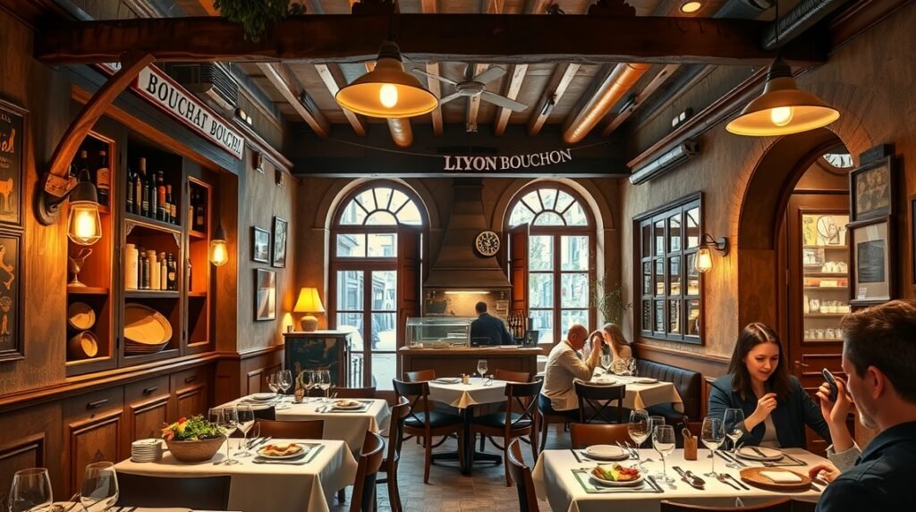 Tradicionális Lyon Bouchon étterem belső tere, elegáns asztalokkal.