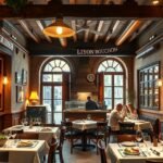 Tradicionális Lyon Bouchon étterem belső tere, elegáns asztalokkal.