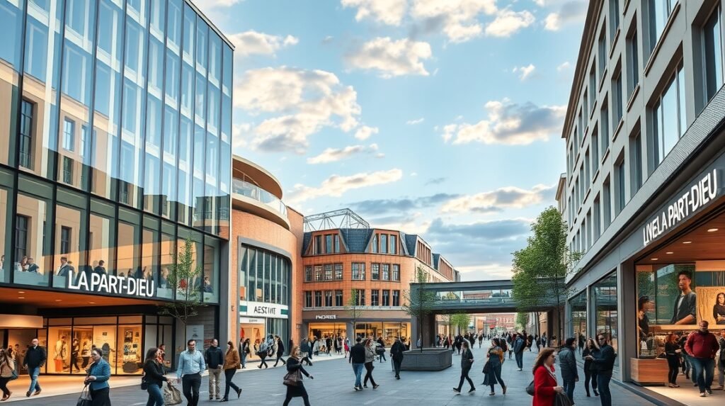 A La Part-Dieu bevásárlóközpont modern épületei és látogatói Lyonban