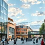 A La Part-Dieu bevásárlóközpont modern épületei és látogatói Lyonban