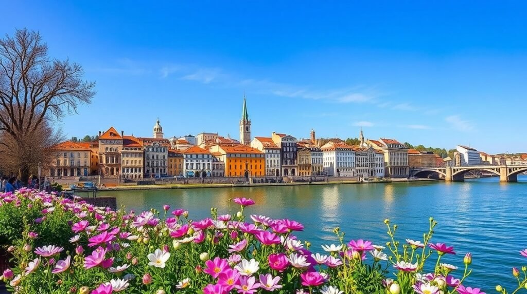 Lyon panorámája virágokkal az első tervben, napsütéses időjárásban.