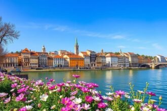 Lyon panorámája virágokkal az első tervben, napsütéses időjárásban.