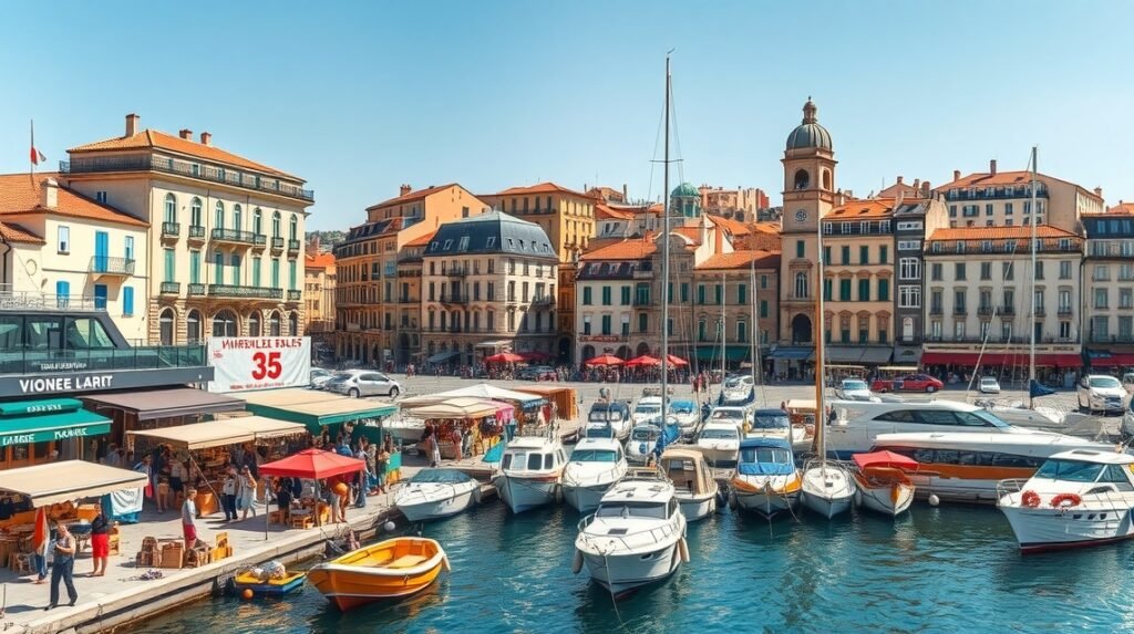 Vieux-Port Marseille lenyűgöző kilátás a kikötőre és a környező épületekre.