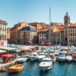 Vieux-Port Marseille lenyűgöző kilátás a kikötőre és a környező épületekre.