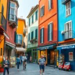 Séta a Le Panier színes utcáin Marseille-ben, jól látható boltokkal és vidám színekkel.