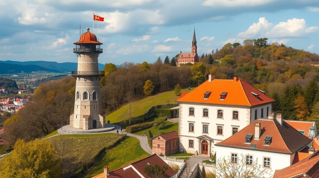Sopron Tűztorony és a környező erdők panorámája