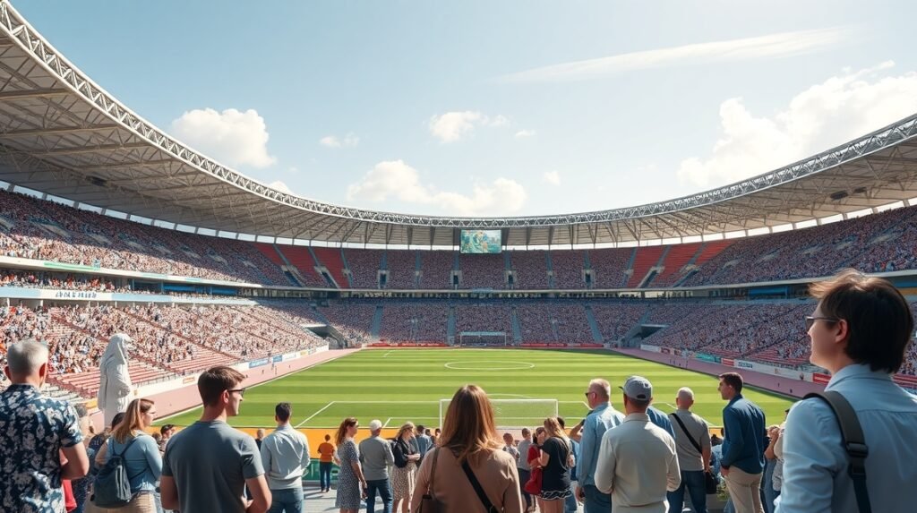 Nézők az Orange Vélodrome stadionban Marseille-ben, meccs előtt.